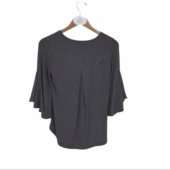 Chelsea Theodore knit top XS black white stripe short flounce sleeve NWT - Picture 2 of 6